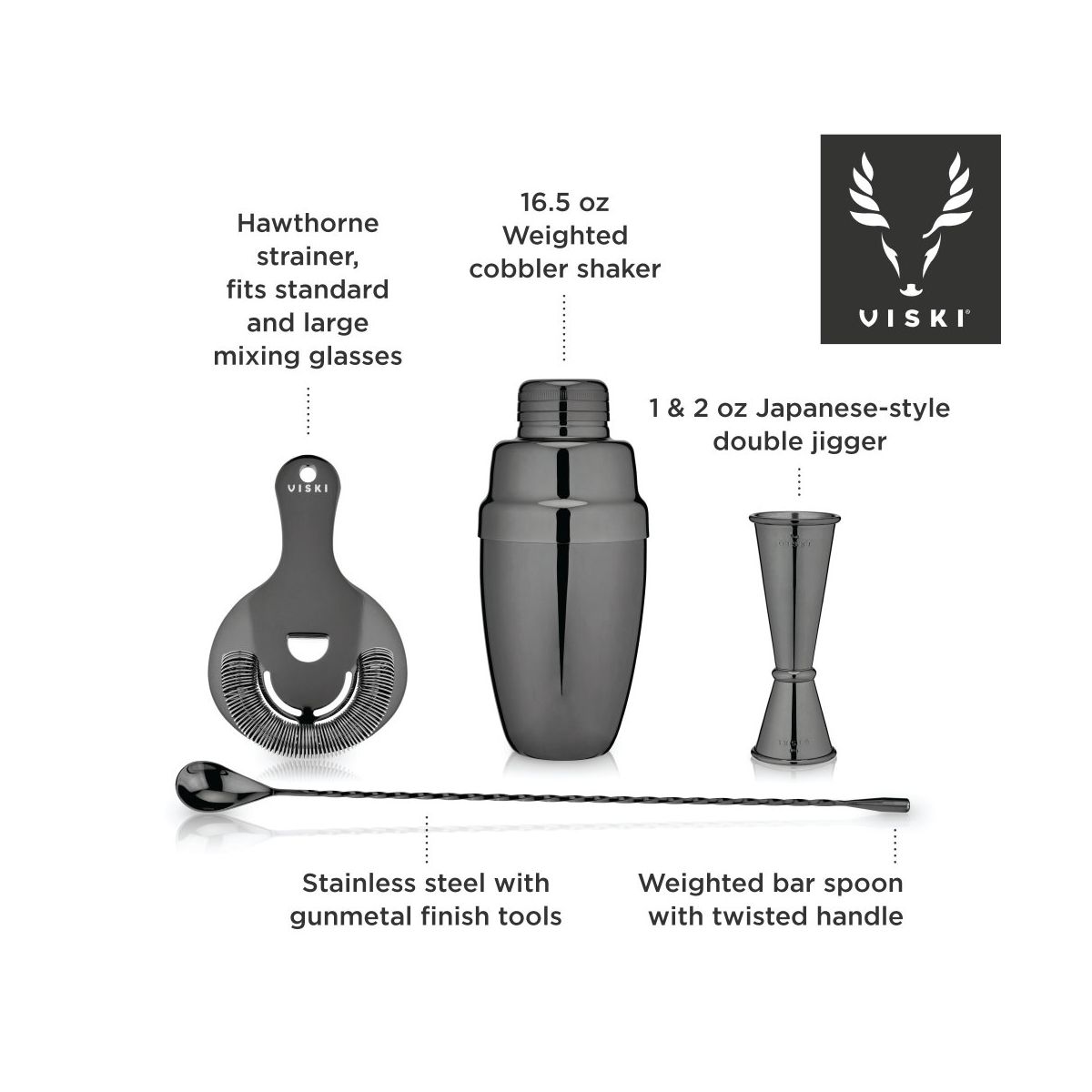 Viski Gunmetal 4-Piece Set Bartender Kit for Coffee & Espresso Cocktails, Cold Brew Drinks, Cocktail Shaker, Strainer, Jigger, Bar Spoon, Black - thumbnail 2
