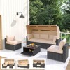 Patio Furniture Sets 6 Pieces, PE Rattan Daybed with Retractable Canopy& Adjustable Backrest Outdoor Sectional Furniture with Glass Coffee Table - 2 of 4