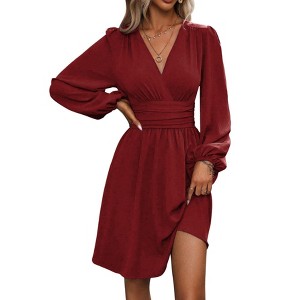 Coolmee Women's Deep V Elegant Long Sleeve Dress A-line High Waisted Casual Flowy Dress for Cocktail Wedding Guest Mini Dress - 1 of 4