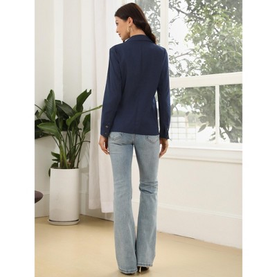 INSPIRE CHIC Women's Cotton Linen Business Casual One Button Work Office Suit Blazer Small Navy Blue — фото 3