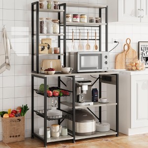 Bakers Rack with Power Outlet, 7-Tier Microwave Stand with Wire Basket, Coffee Bar with 4 s-Shaped Hooks - 1 of 4
