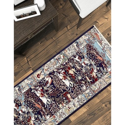 Navy Blue and Tan Floral Synthetic Runner Rug