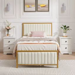 VECELO Upholstered Bed Frame with Headboard & Footboard, Heavy Duty Steel Slats, No Box Spring Needed