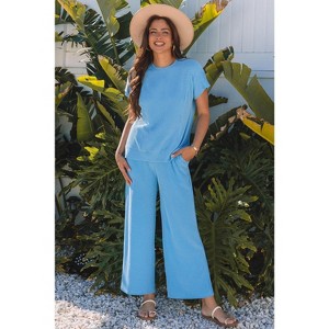 Solid Corded Knit Short Sleeve T Shirt and Wide Leg Pants Set - 1 of 1