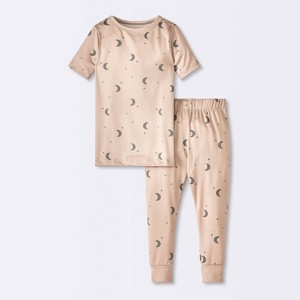 Toddler 2pc Short Sleeve Smooth Jersey Stars and Moon Pajama Set - Cloud Island™ Brown - 1 of 4