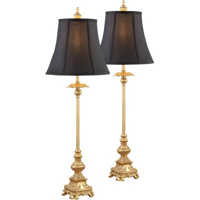 Regency Hill Traditional Buffet Table Lamps Set of 2 Gold Intricate Details Black Fabric Bell Shade for Dining Room