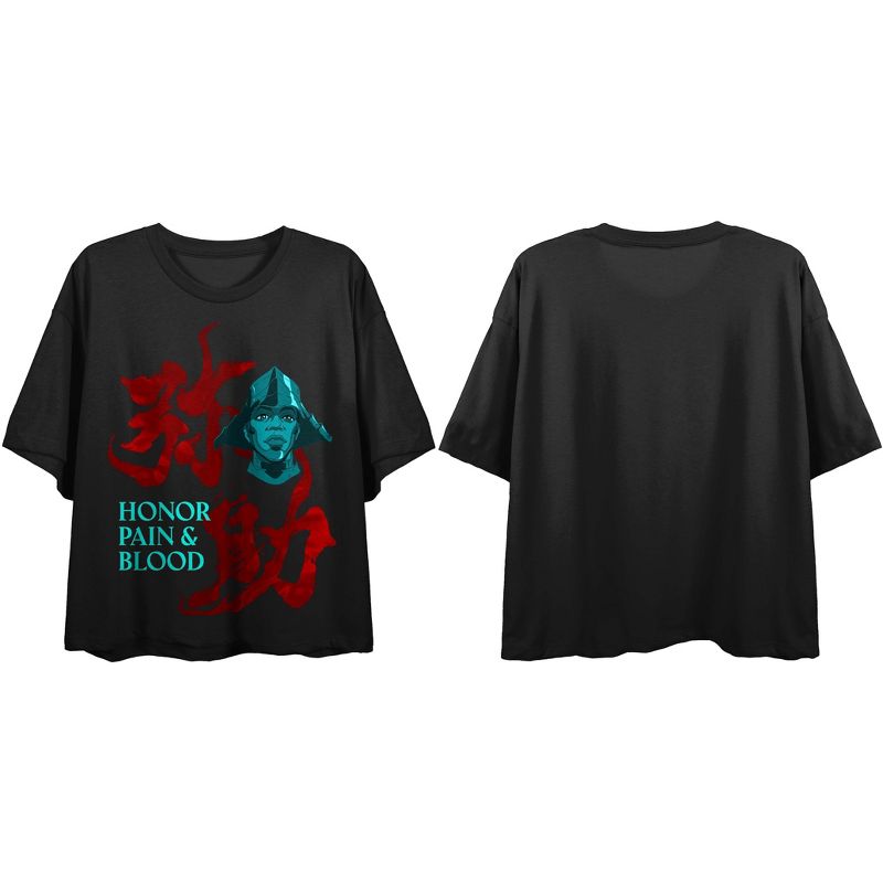Yasuke Honor Pain & Blood Juniors Black Crop Top T-shirt, 1 of 2