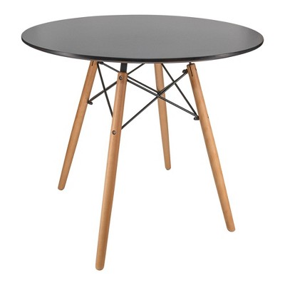 LeisureMod Round Bistro Top Dining Table with a Manufactured Wood Tabletop and Natural Wood Eiffel Base Dover Collection