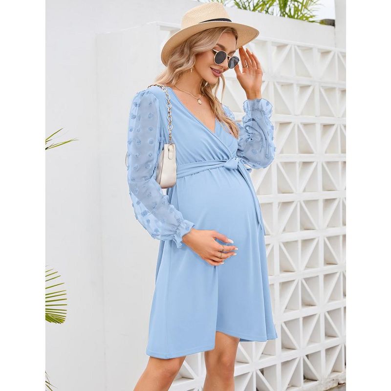 Womens Maternity Swiss Dot Long Sleeve Wrap Dress Fall Casual V Neck Nursing Midi Dress Baby Shower Photoshoot Belt, 2 of 7