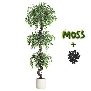 Realistic Artificial Ficus Tree, Faux Floor Plant with White Ceramic Pot, Lifelike Fake Ficus Tree - 1 of 4