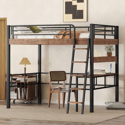 Streamdale Metal Full Size Loft Bed with Built-in Desk, Storage Shelf and Ladder, Black