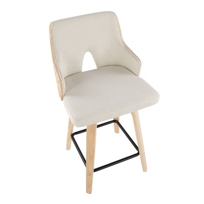 Cream Fabric and Natural Wood Swivel Counter Stools, Set of 2