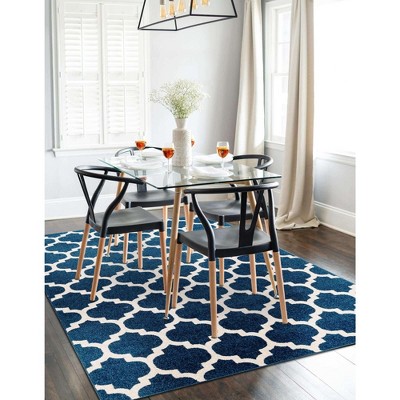 Elegant Dark Blue Trellis 4' x 6' Synthetic Easy-Care Area Rug