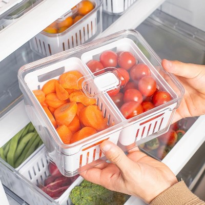 OU Fridge Organizer Bin with Drain Baskets & Vented Lid, 2.3qt Clear Stackable Refrigerator Storage Bin, Produce Kitchen Storage Container, BPA Free — фото 2