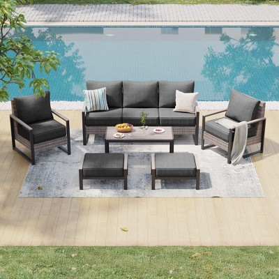 Sonkuki Outdoor Furniture Set Patio Conversation Sofa with Coffee Table Set, All-Weather PE Rattan Couch with Cushion