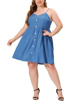 Agnes Orinda Women's Plus Size Casual Button Down Sleeve Strap Smocked Back  Chambray Sundress : Target