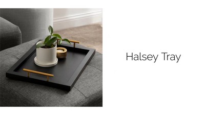 Elegant Black and Gold Rectangular Wooden Tray with Polished Handles, 24x10