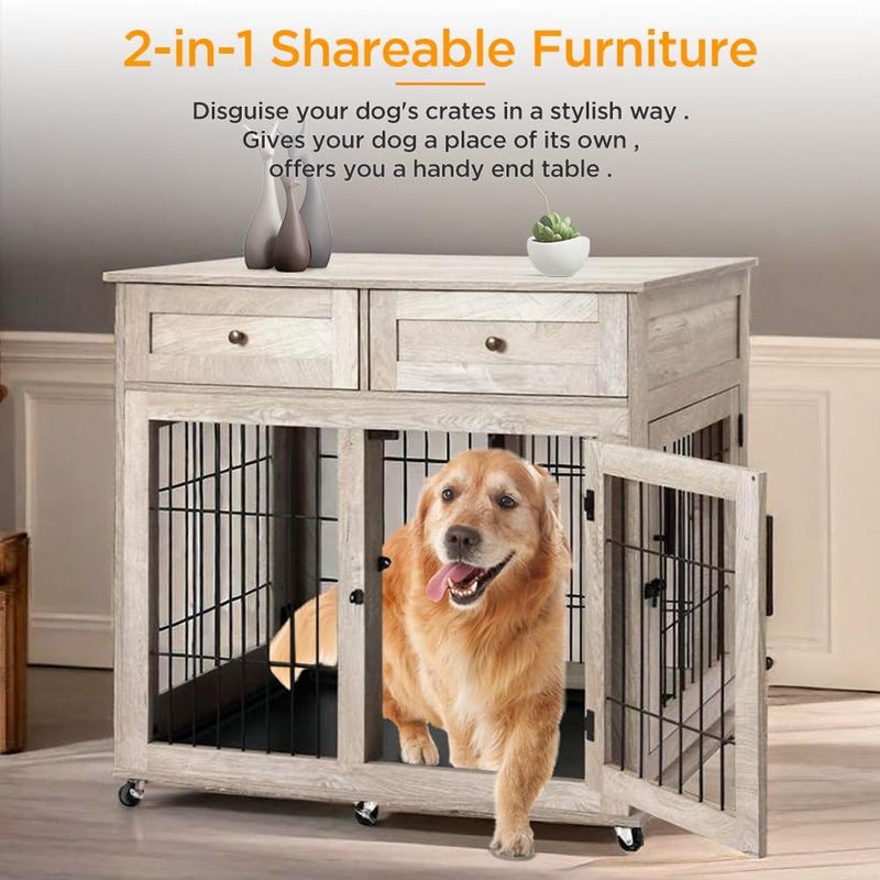 Dog Crate Furniture, Wooden Dog Kennel with Room Divider and Tray, Double Rooms Dog Cage, Wooden Dog Crate Table with 2 Drawers End Table, 2 of 8