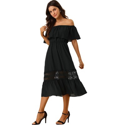 Allegra K Women's Off Shoulder Ruffle Lace Insert High Waist Short Sleeve Flowy Maxi Dress
