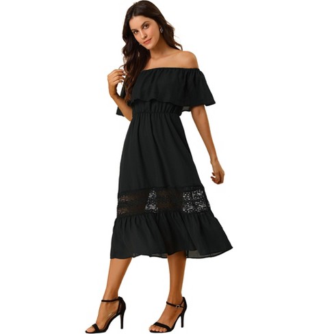 Allegra K Women's Off Shoulder Ruffle Lace Insert High Waist Short Sleeve  Flowy Midi Dress Black Large