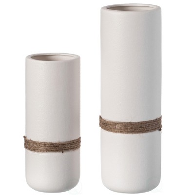 Tiny White Ceramic Cylinder Table Vase Set with Twisted Cord Trim