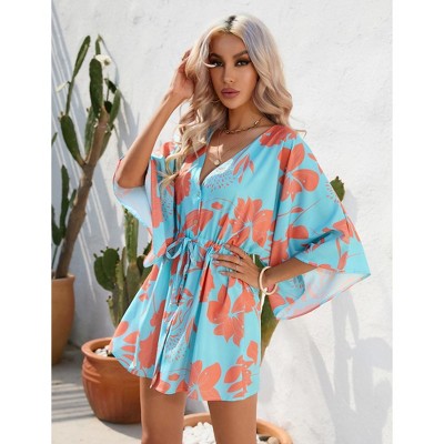 Summer Leaf Print Short Sleeve Flared Hem V-Neckline Comfortable Chic Button Down Midi Dress
