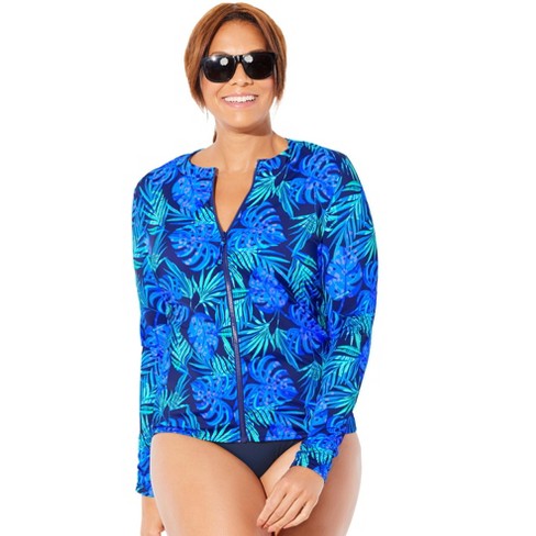 Swimsuits For All Women's Plus Size Chlorine Resistant Zip Up Swim Shirt -  14, Vibrant Palm Blue : Target