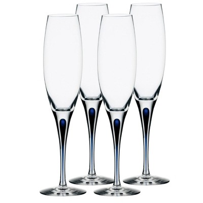 Orrefors Intermezzo 7 Fl. Oz. Stemmed Champagne Flute Glasses - Set of 4, Blue Drop - Kitchen & Dining Crystal Glassware - Dishwasher Safe