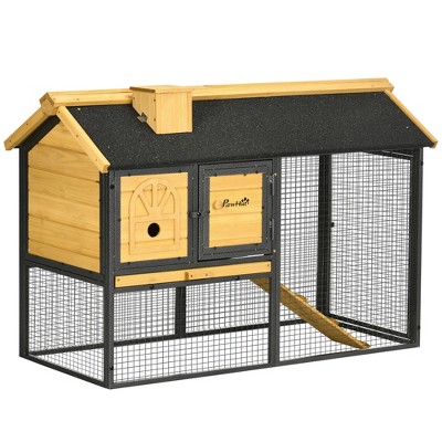 47" Natural Fir Wood and Metal Outdoor Rabbit Hutch with Ramp