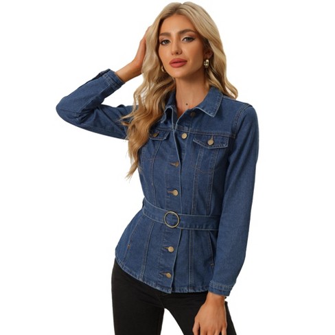 Allegra K Women's Jean Belted Notched Lapel Trench Long Denim