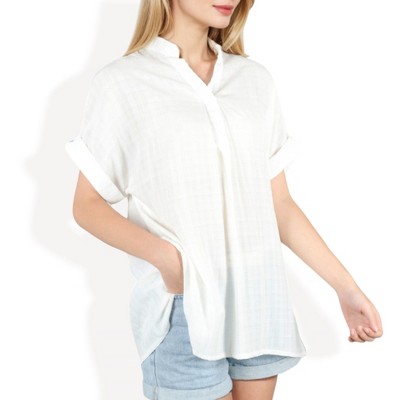 Anna-Kaci Women's Relaxed Fit V-Neck Short Sleeve Top with Cuffed Sleeves Lightweight Loose Casual Blouse