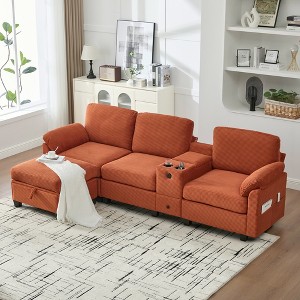4-Seater L-Shaped Sectional Sofa, Corduroy Sofa with Cup Holders, USB Ports, Storage Ottoman & Movable Console - ModernLuxe - 1 of 4