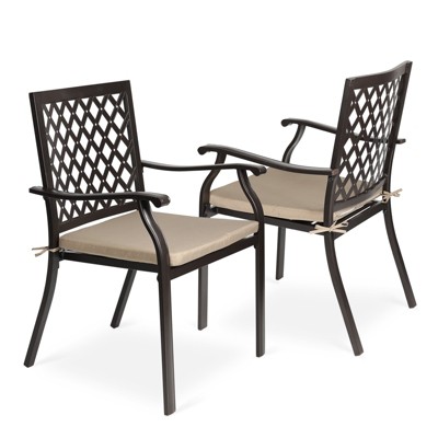 Aoodor Outdoor Patio Stackable Metal Dining Chairs  2-Piece Set with Curved Armrests and Strapped Seat Cushions