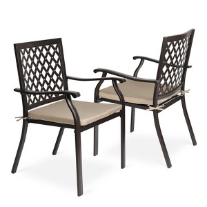 Aoodor Outdoor Patio Stackable Metal Dining Chairs  2-Piece Set with Curved Armrests and Strapped Seat Cushions - 1 of 4