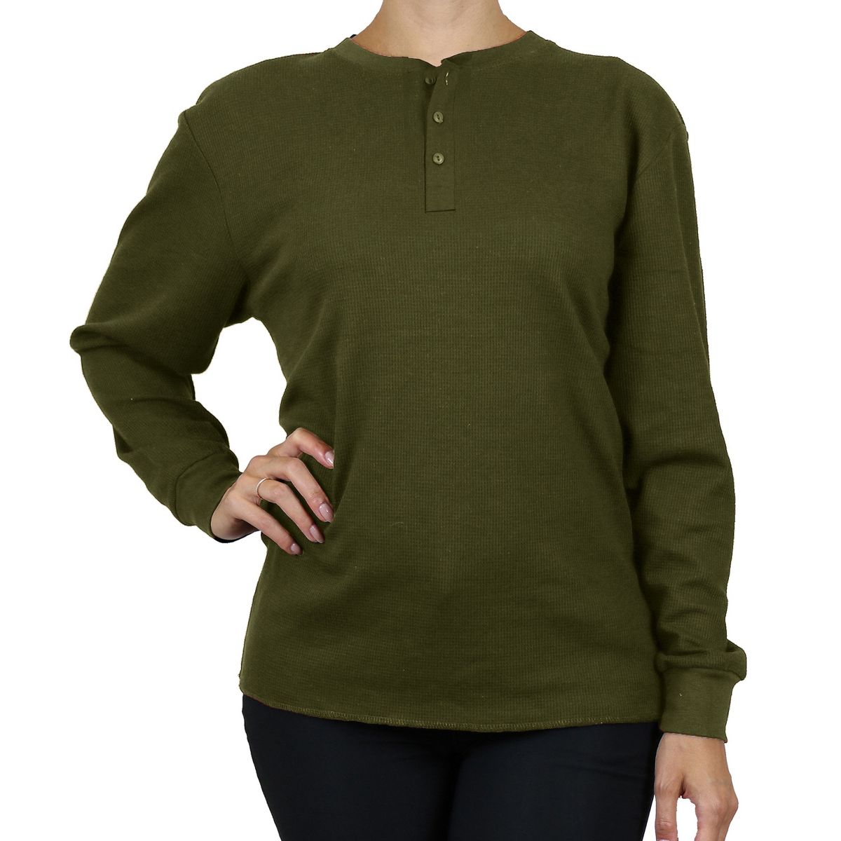 Galaxy By Harvic Women's Oversize Loose Fitting Waffle-Knit Henley Thermal Shirt - thumbnail 9