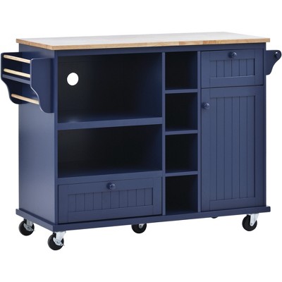 VYNXARIA Kitchen Island Cart with Storage Cabinet,Solid wood desktop,Microwave cabinet,Floor Standing Buffet Server Sideboard(Dark blue)