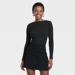 Women's Slim Fit Long Sleeve Ribbed Boat Neck T-Shirt - A New Day™ - 1 of 4