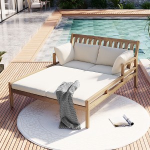 Whisen Outdoor Daybed, Patio Daybed with Four Pillows, Wooden Outdoor Bed with Curved Armrests - 1 of 4