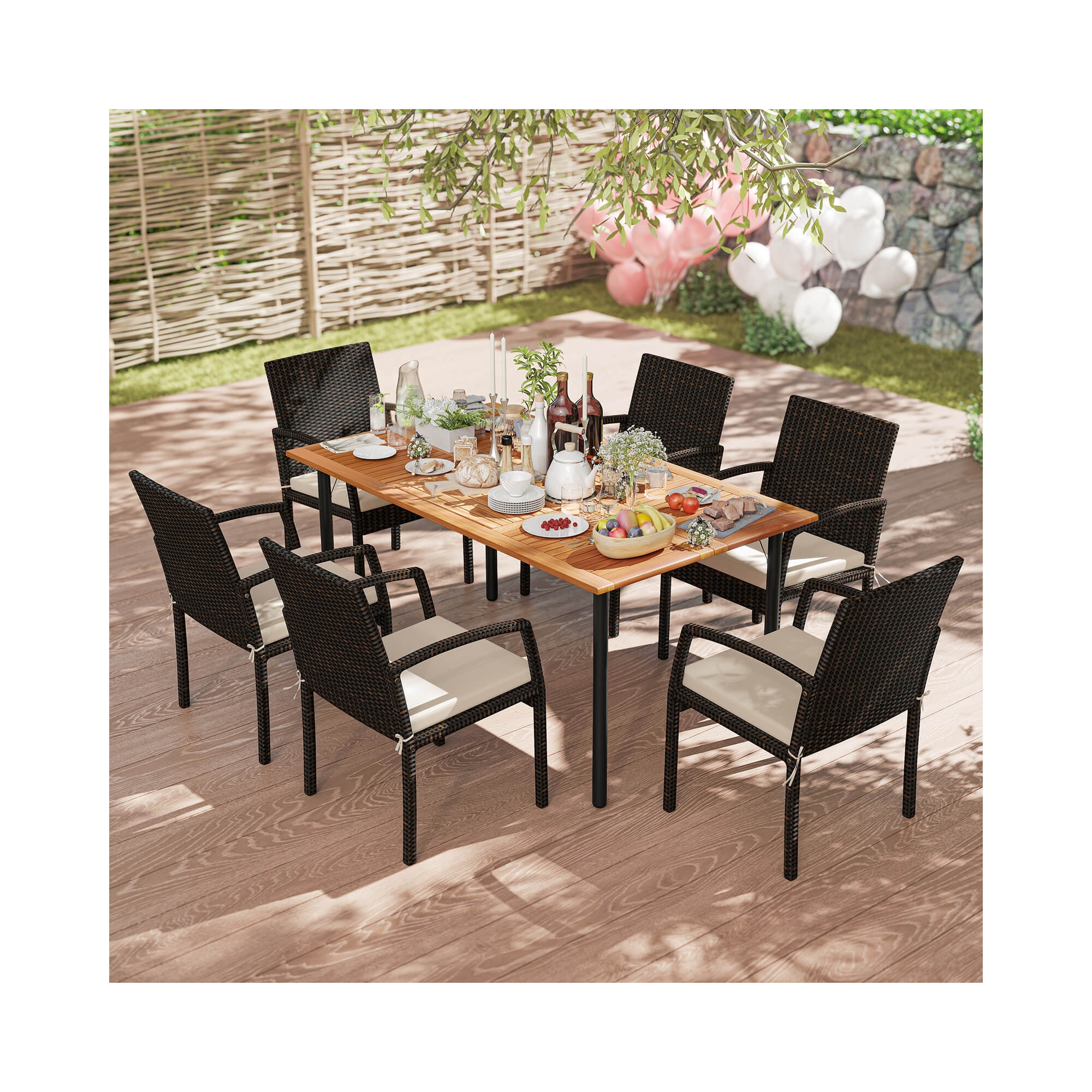 Costway 7PCS Patio Rattan Dining Set Table Top W/Umbrella Hole