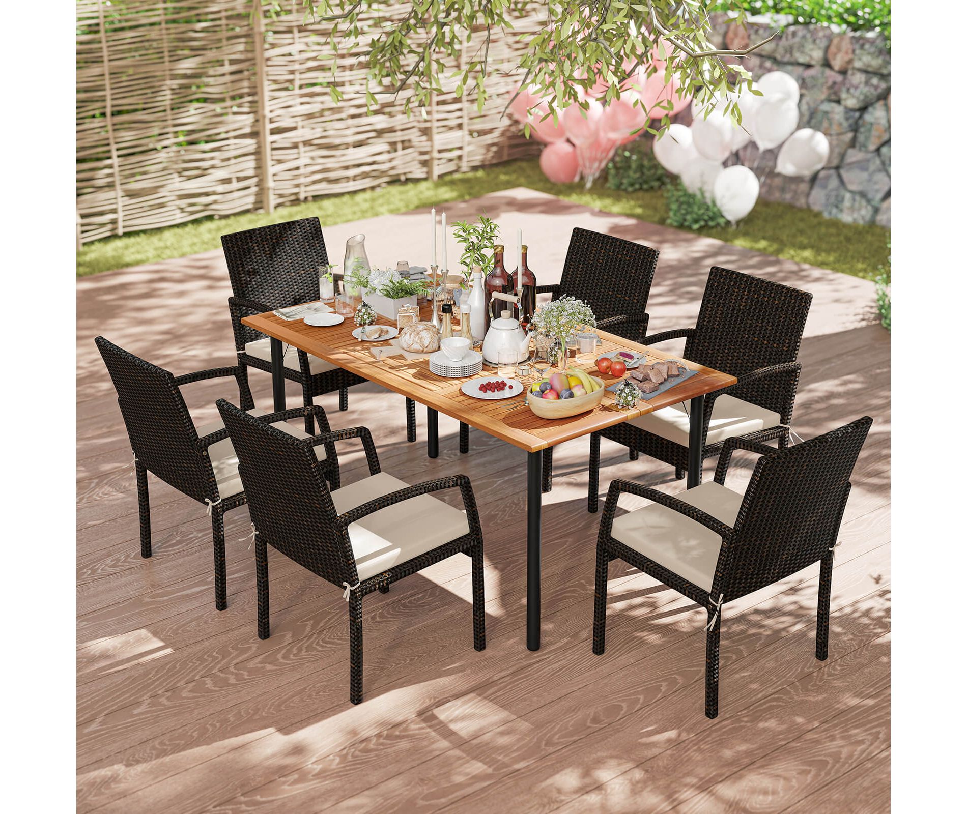 Costway 7PCS Patio Rattan Dining Set Table Top W/Umbrella Hole