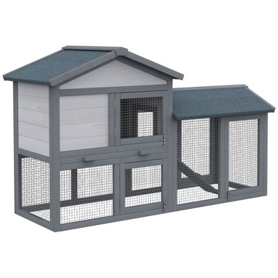 PawHut Wooden Indoor Elevated Rabbit Hutch w/ Enclosed Run and Wheel - Grey