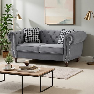 67" Chesterfield Velvet 2-Seater Sofa with Roll Arm & Nailhead, Mid-Century Modern - 1 of 4