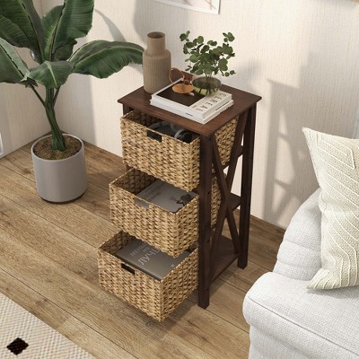 Walnut and Natural 3-Tier Nightstand with Seagrass Baskets