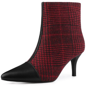 Allegra K Women's Plaid Pointed Toe Houndstooth Stiletto Heels Ankle Boots - 1 of 4