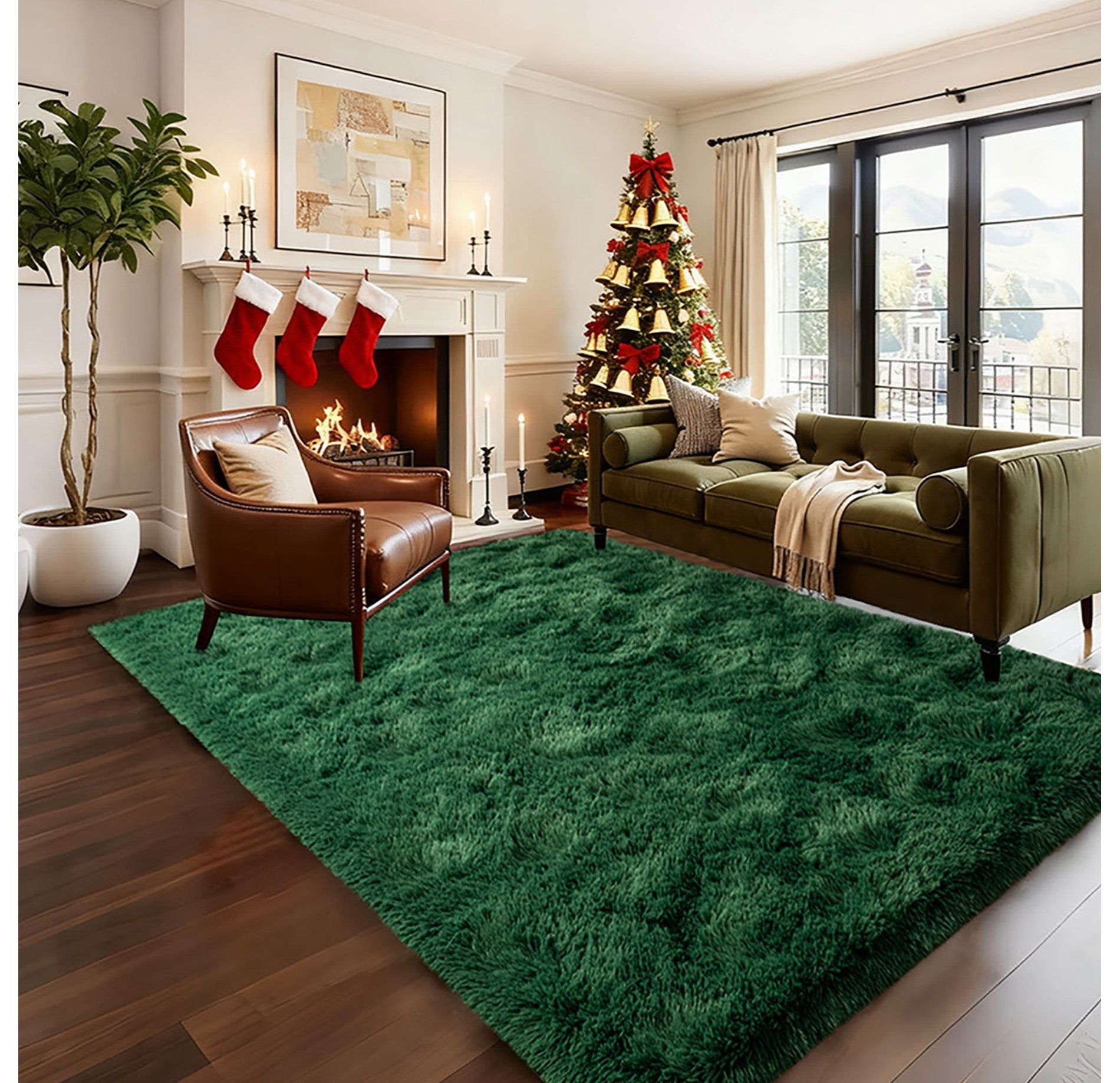Grass Green Fluffy Shag Area Rug with Non-Slip Base & 4 Reusable Stickers, Soft Plush Mat