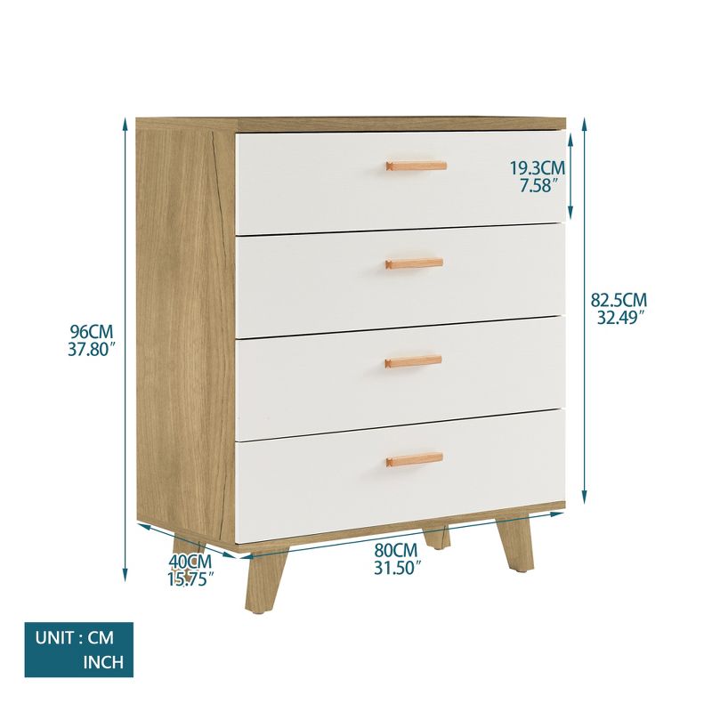 Modern 4 Drawer Dresser with Solid Wood Legs and Handles, White + Oak - ModernLuxe, 3 of 13