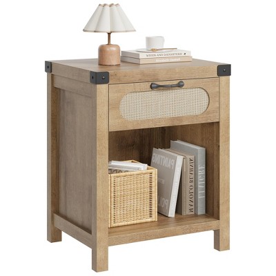 Rattan Night Stands, Farmhouse Bedside Table, Night Stand with Drawer and Open Shelf, Boho End Table for Living Room,Bedroom