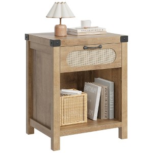 Rattan Night Stands, Farmhouse Bedside Table, Night Stand with Drawer and Open Shelf, Boho End Table for Living Room,Bedroom - 1 of 4