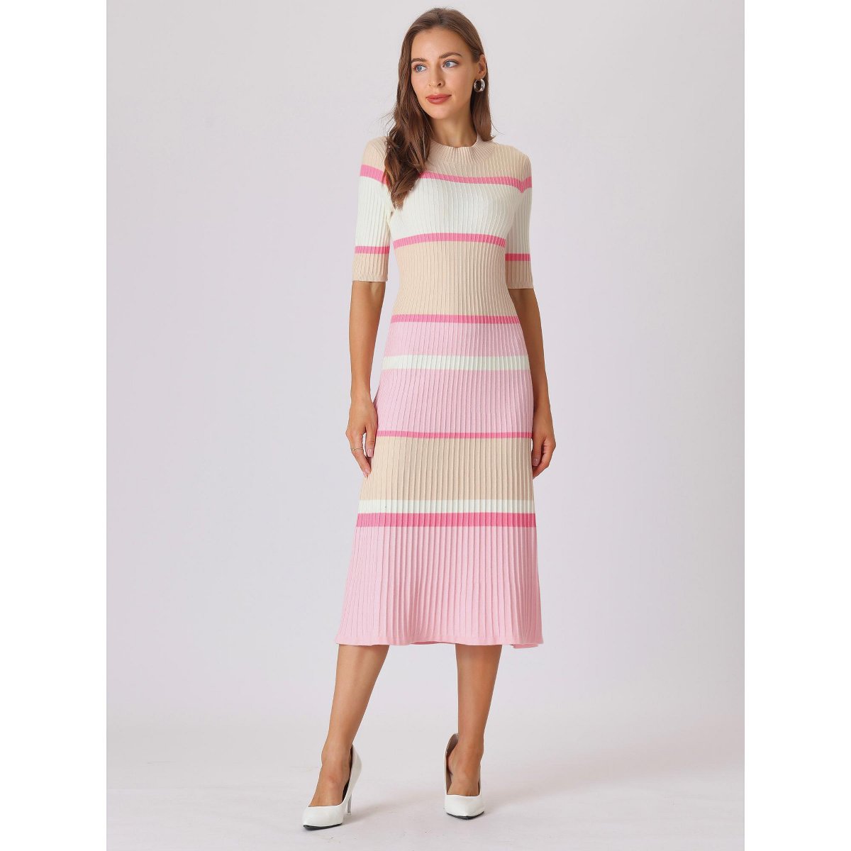 Женские платья INSPIRE CHIC Women's Striped Ribbed Short Sleeves Midi Basic Knitted Dresses Pink Medium — фото 3