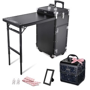 Byootique Aluminum Rolling Nail Table with Train Case Cosmetic Organizer Black - 1 of 4